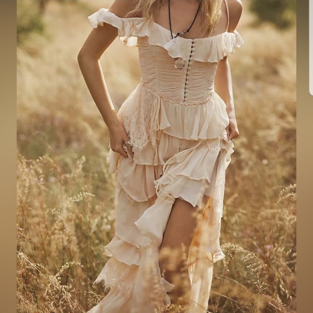 By Anthropologie Corset Tiered Lace Ruffle Dress Fairy Romantic Button Front